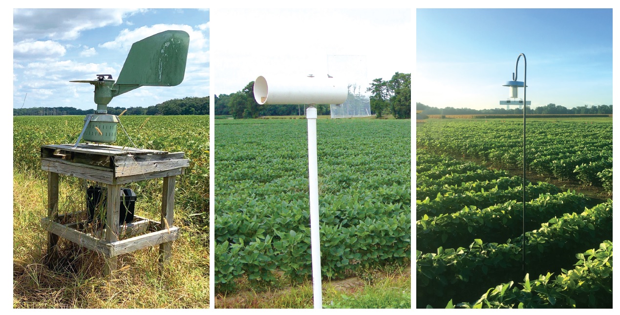 Three photos show different types of spore traps that were placed around soybean fields.